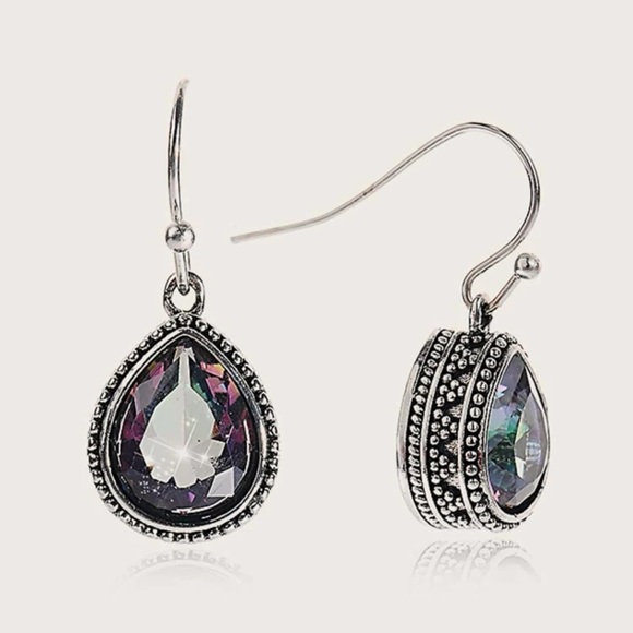 Mystic Topaz Drop Purple, Green, Silver Boho Rainbow Gemstone Retro Earrings - Picture 3 of 9